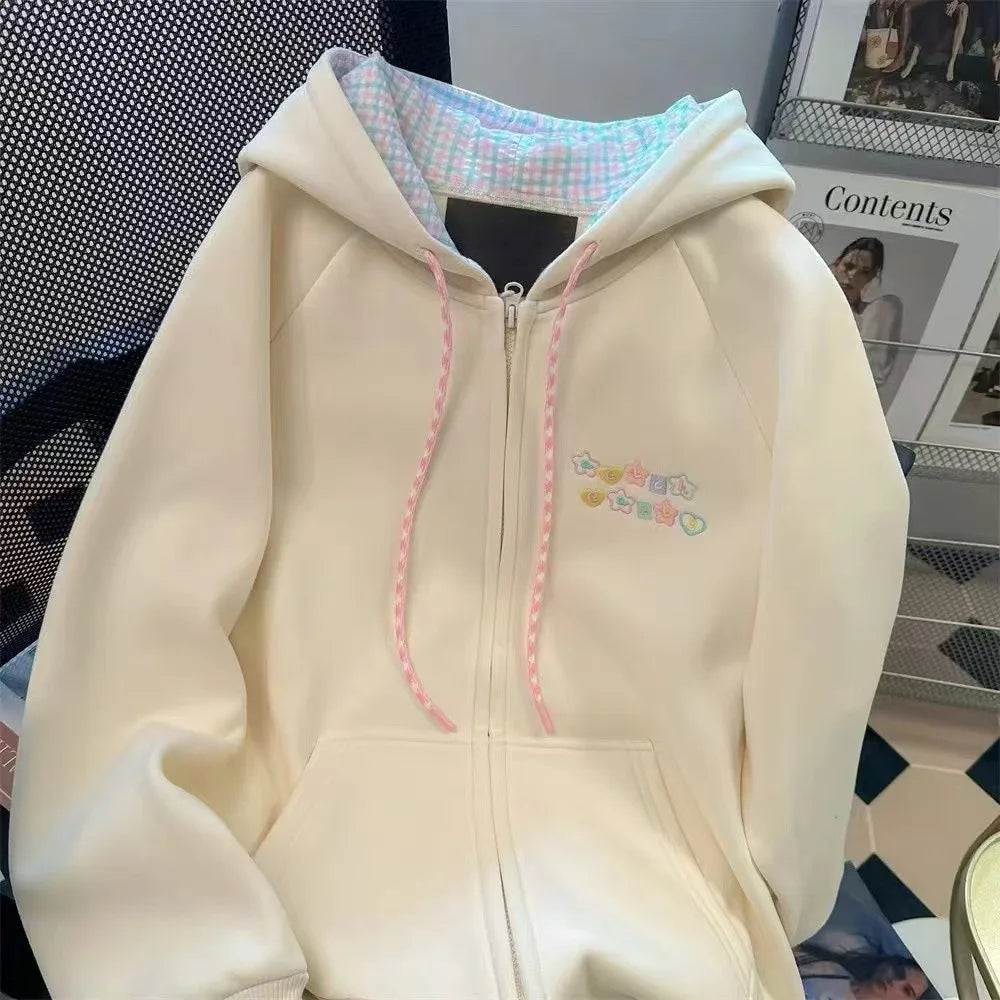 Sweet Cute Sweatshirt Jacket Loose Versatile Girly Style Kawaii Striped Zip Hood Autumn and Winter Embroidery Coat