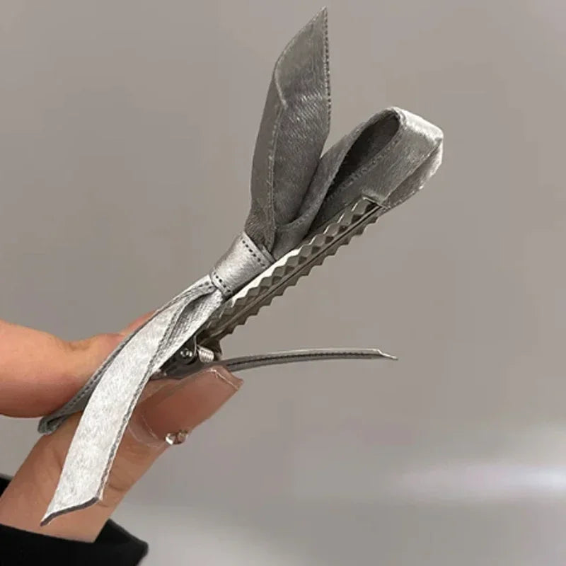 2/4Pcs Y2K Silver Bow Hair Clips PU Barrettes for Girl Kids