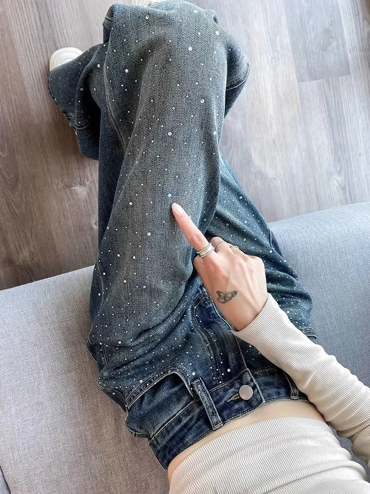 Fashion Y2K Hot Drilling Jeans High Waist Wide Leg Pants Spring