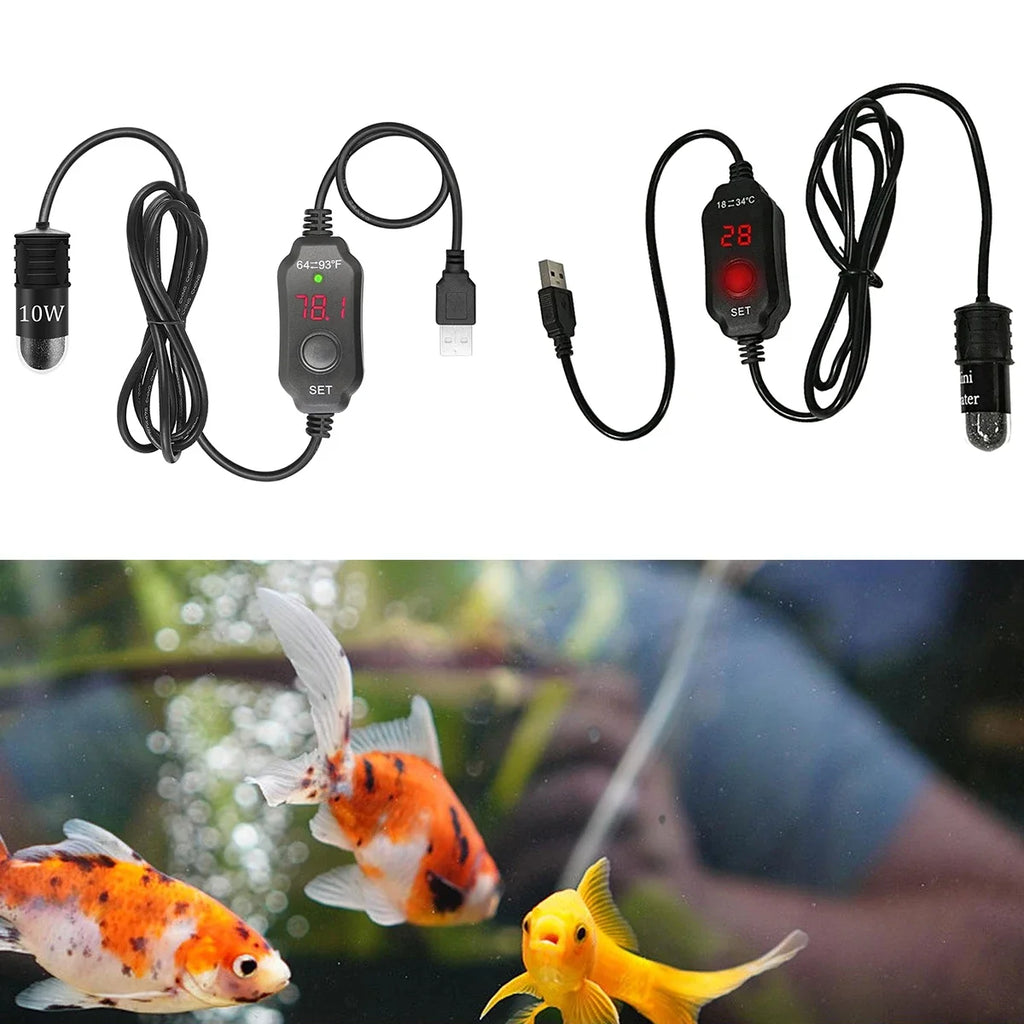10W Adjustable Aquarium Heater Rod 18-34°C Mini USB Submersible Thermostat Heater with Digital Display for 1 to 5L Fish Tanks