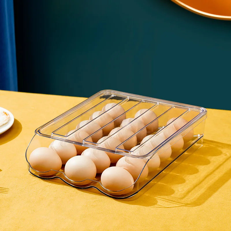 Automatic Slide Egg Storage Box Transparent Drawer, Stackable Rolling Eggs Rack Egg Tray Holder Basket, Kitchen Fridge Organize
