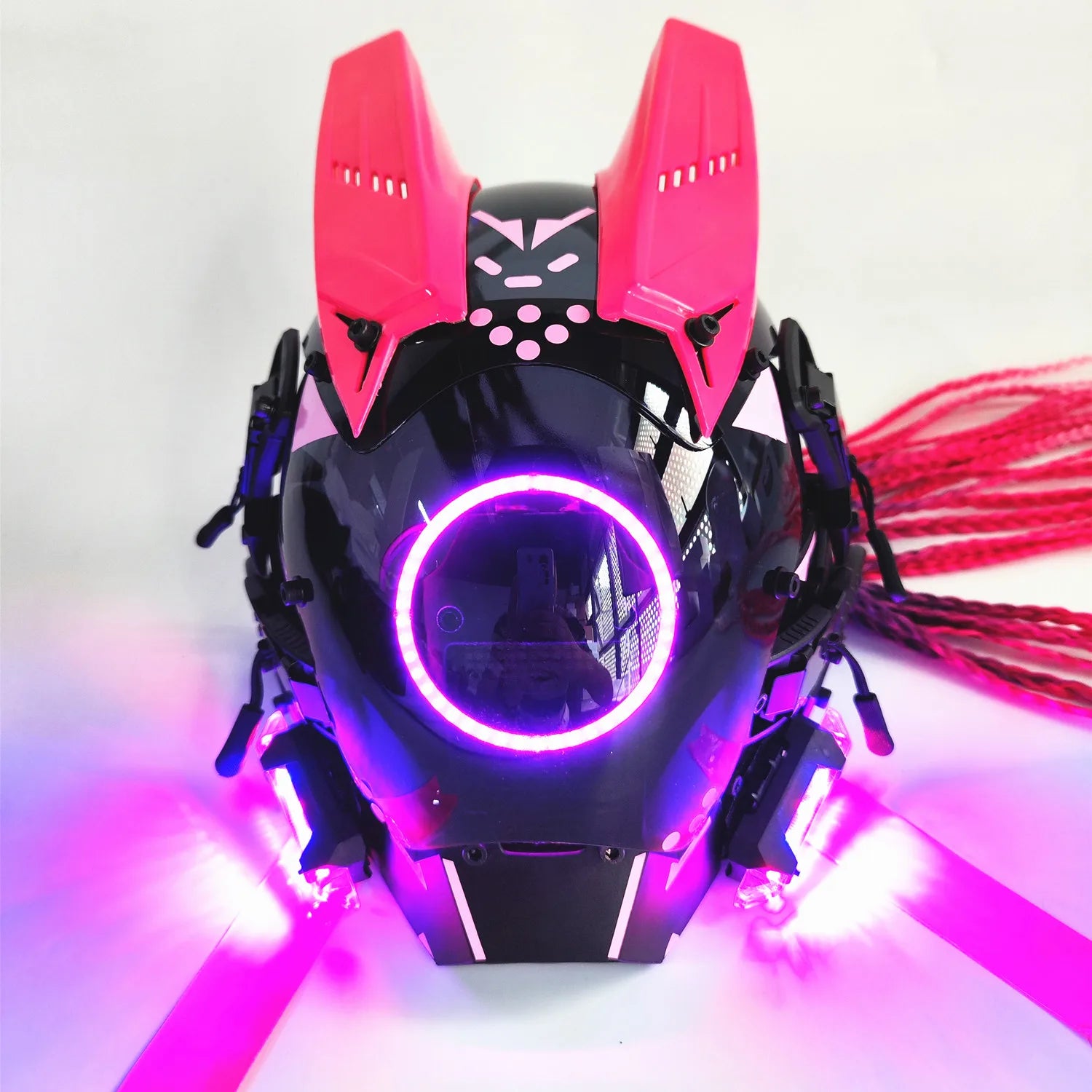 Cyberpunk Mask Futuristic Techwear, Halloween Cosplay Helmet Decor with Light and Dirty Braid, Japanese Warrior Style Knight Sty