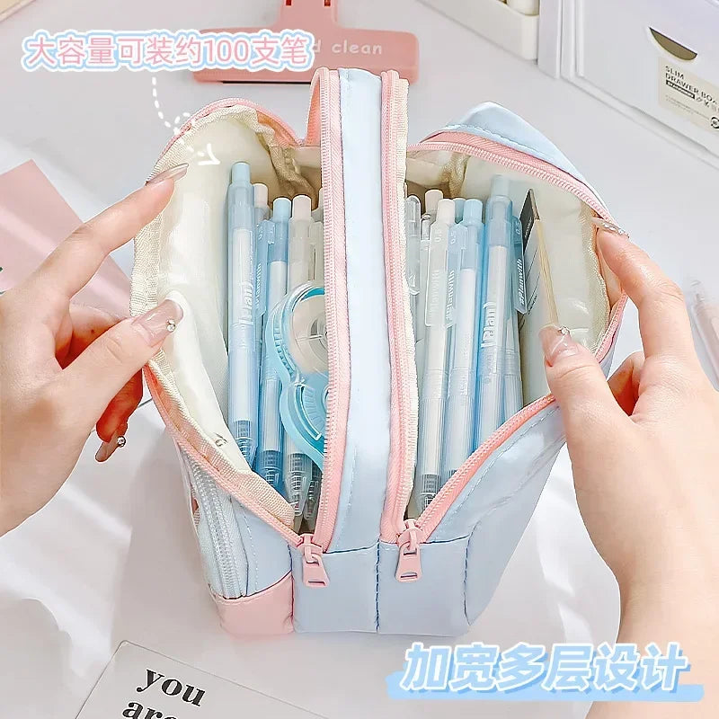 Kawaii Pencil Bag Large Capacity 3 Compartments Pencil Case Pen Pouch Desk Organizer School Supplies Cute Korean Stationery