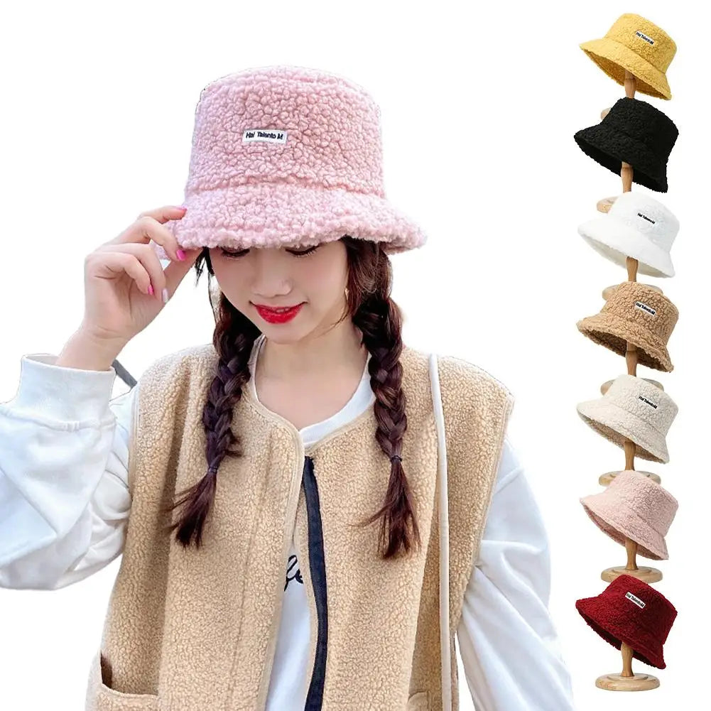 Korean Fisherman Hat Pure Color Warm Embroidered Letter Beanie Plush Light Weight Cap Unisex Casual Bucket Hat