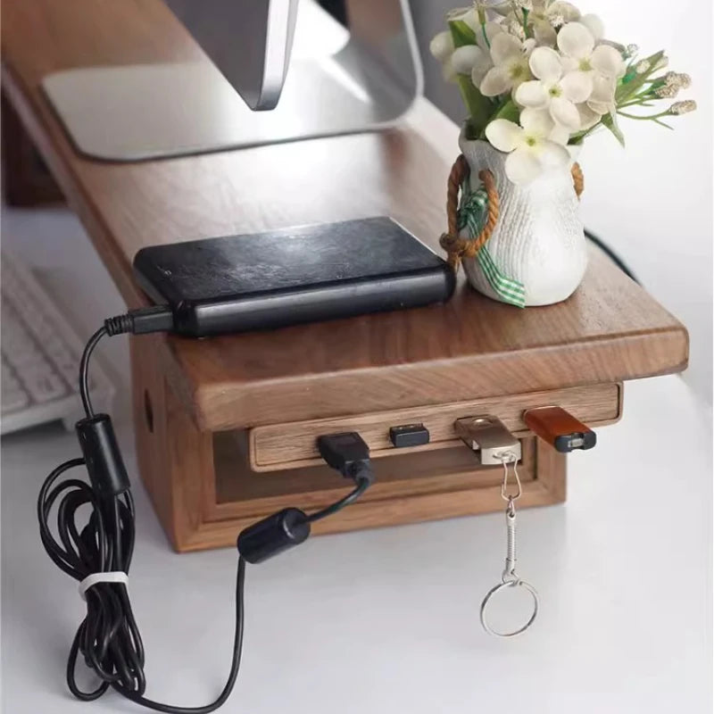 Black Walnut Wood USB Hub Under Desk Organizer Premium Desktop Riser Accessory with 3.0 Ports Multi-Device Charging Station
