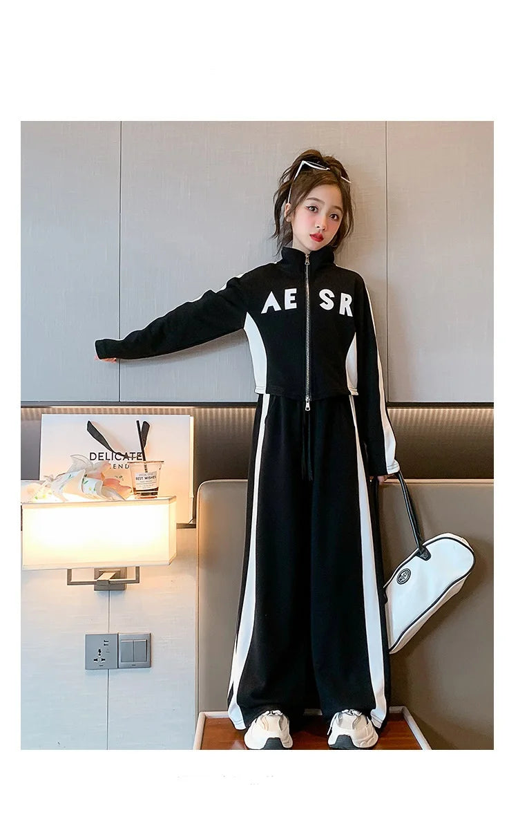 Girls Patchwork Alphabet 2-Way Zip Sweatshirt Jacket+Sweatpant Workout Set School Kids 2PCS Tracksuit Child Jogger Outfit 7-16Yr