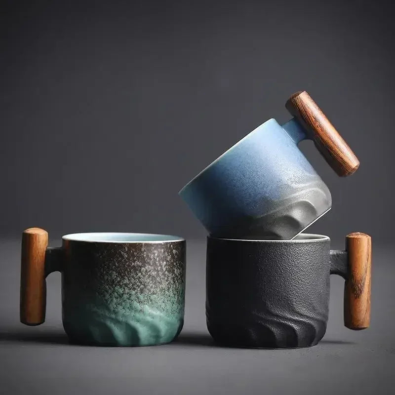 Blue Ceramic Coffee Mug Retro Wooden Handle Filter Tea Mug Office Water Cup Solid Color Gradient Glaze Coffee Cup TeaCup