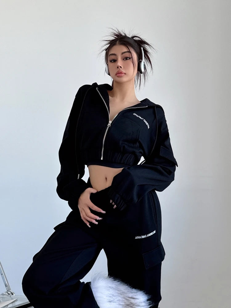 WOMENGAGA Short Zipper Sweatshirt Large Pocket Wide Leg Pants Two Piece Casual Plush Set For Winter Women Fashion Sweet 2PTB