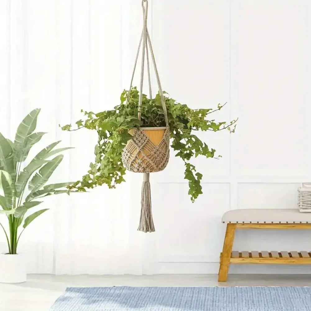 Macrame Plant Hanger Handmade Cotton Rope Hanging Basket Boho Style Planter Holder for Indoor & Outdoor Home Decor