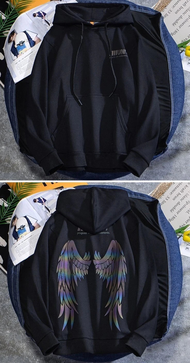 Reflective Male Hoodie Hip Hop Overfit New in No Brand Y2k Vintage Novelty and Simple 90s Tops Fleeced Men's Hooded Sweatshirt
