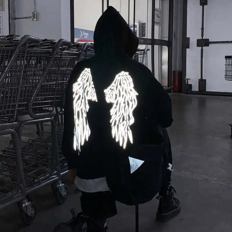 Reflective Male Hoodie Hip Hop Overfit New in No Brand Y2k Vintage Novelty and Simple 90s Tops Fleeced Men's Hooded Sweatshirt