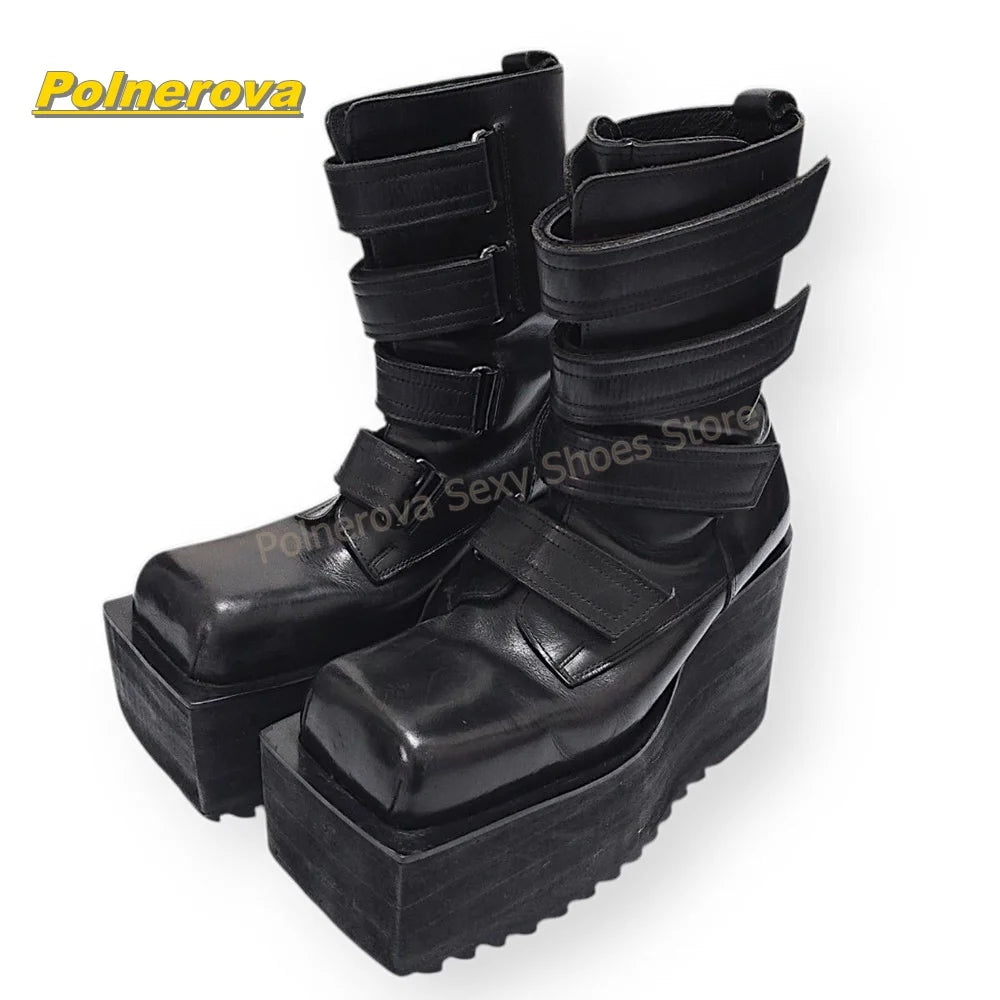 Vintage Y2K Wedge Mid Calf Boots Women Square Toe Hook and Loop