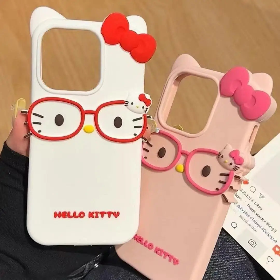 Hello Kitty 3D Cat-Eye Glasses Silicone Phone Case for iPhone 17 Pro Max 16 15 Plus 14 13 Mini 12 11 4 4S 5 5S 7 8 SE Shockproof