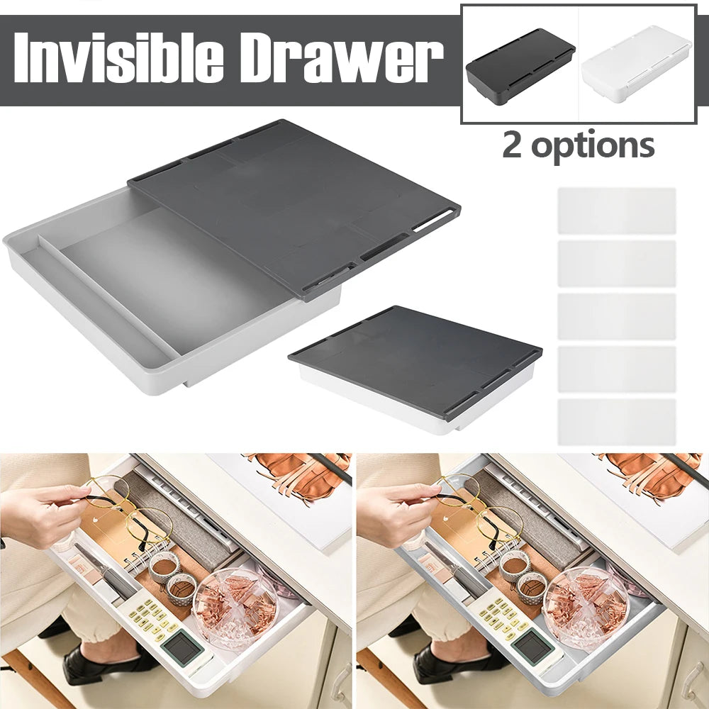 Under Desk Drawer Self-Adhesive Stationery Storage Box Multifunctional Hidden Under Desk Organizer for Home Kitchen Office Table