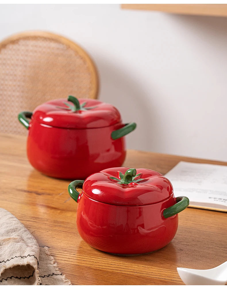 Double-Eared Ceramic Soup Bowl with Lid for Home Use Instant Noodles Bowl Lychee Noodles Special Utensils Student Dormitory