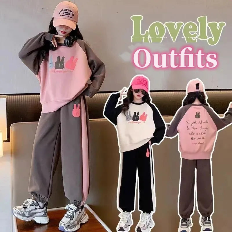 Girls Cotton Contrast Cartoon Alphabet Loose Sweatshirt+Sweatpant School Kids Tracksuit Child Jogger Outfit Workout Sets 5-16Yrs