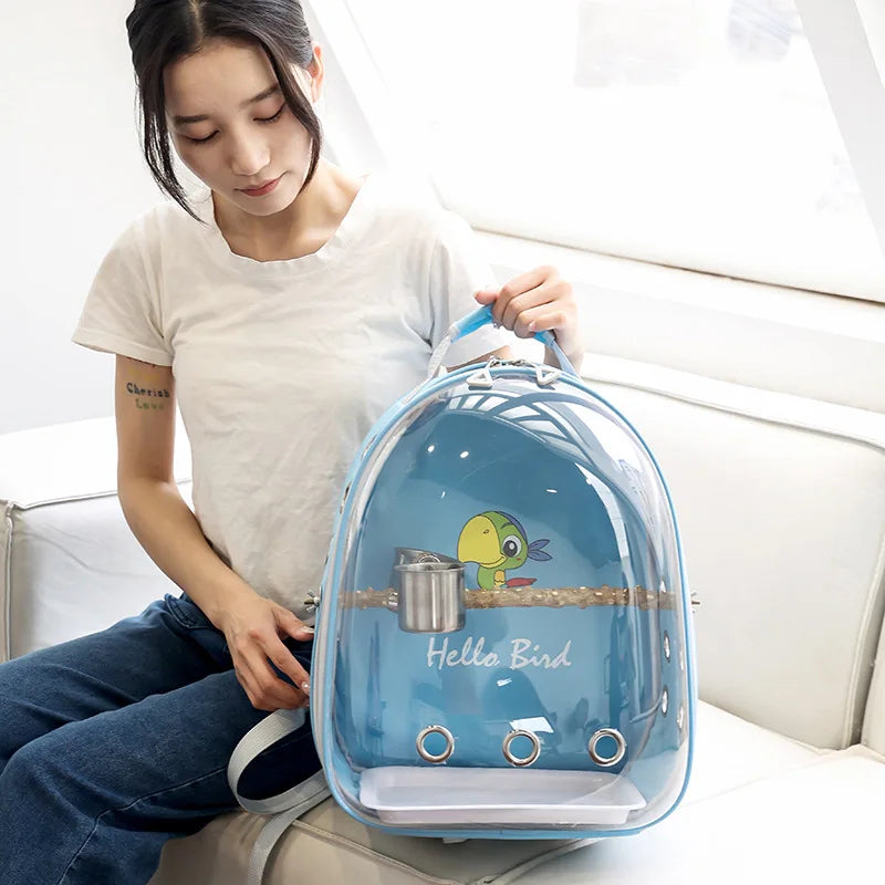 Portable Bird Cage with Prech Feeder and Tray, Acrylic Pet Backpack Bag, Parakeet, Cockatiel, Parrot, Bunny, Travel