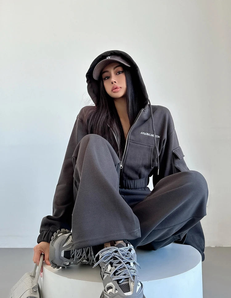 WOMENGAGA Short Zipper Sweatshirt Large Pocket Wide Leg Pants Two Piece Casual Plush Set For Winter Women Fashion Sweet 2PTB