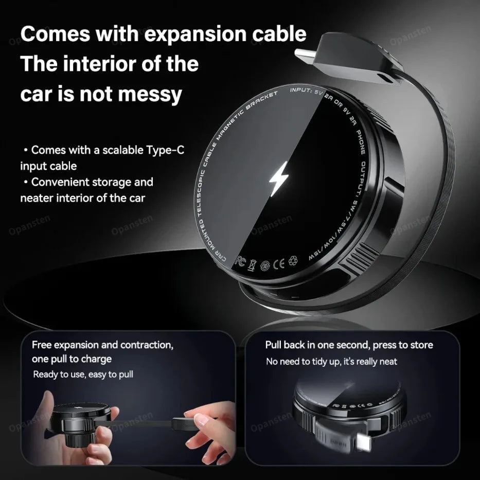 N52 Magnetic Car Wireless Charger Retractable USB C Cable Phone Cooling Holder For Magsafe iPhone 16 15 14 Pro Max Fast Charging