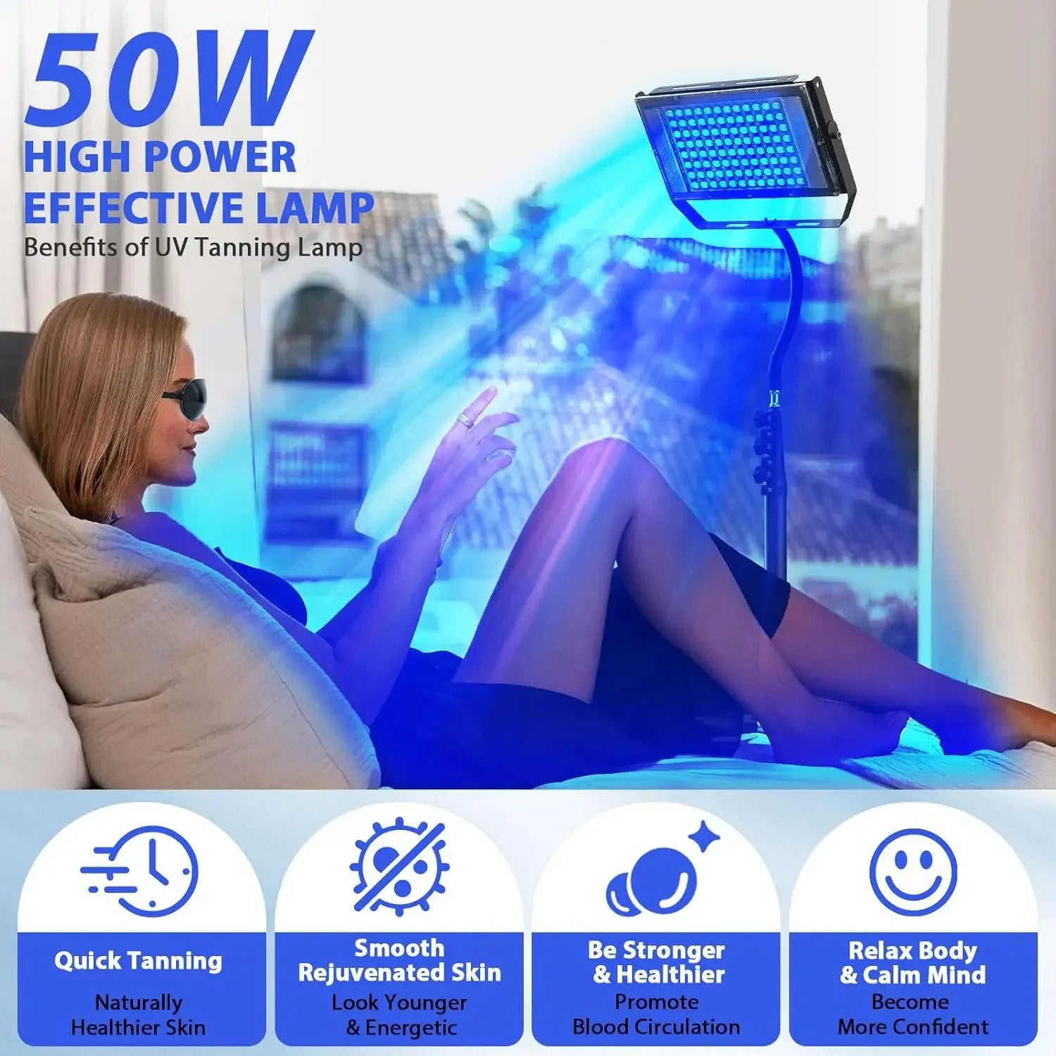 Ultraviolet Tanning Lamp 50W Tripod Solarium Lamp for Tanning Body 96PCS Blue Light Lamp Wavelength 460nm & 480nm Skin Care