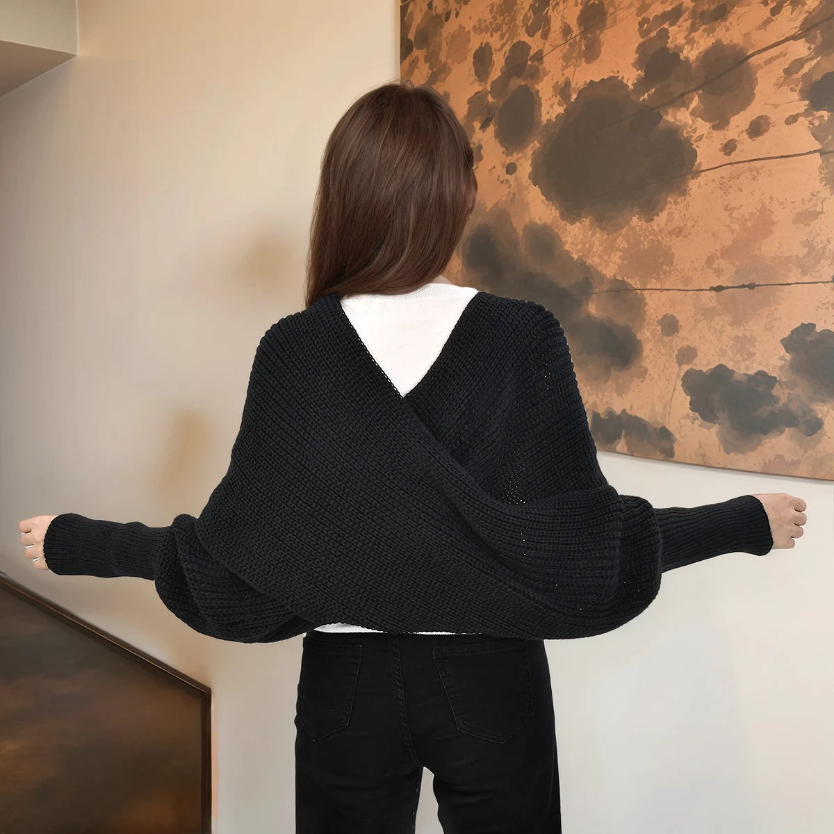 Woman Knitted Shawl Scarf With Long Sleeve Autumn Winter Outdoor Warm Soft Windproof Hollow Out Crop Top Shawl Scarf 210*33cm