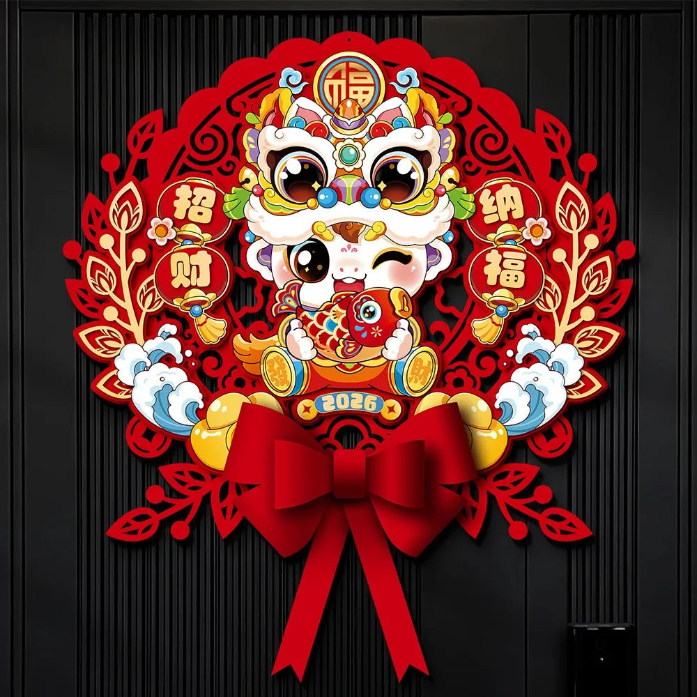Chinese 2026 Horse Year Door Sticker Nonwovens Traditional Fu Character Sticker Blessing Cartoon New Year Wall Sticker