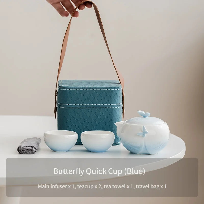 Butterfly-shaped tea set with storage bag, portable camping ceramic teapot suitable for outdoor, travel, and home use