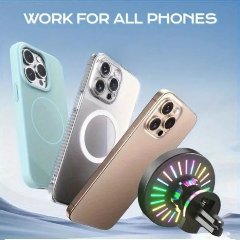 Car Magnetic Wireless Charger Air Vent Bracket Clip Phone Holder Stand RGB Light For iPhone 16 15 14 13 12 Pro Max Fast Charging