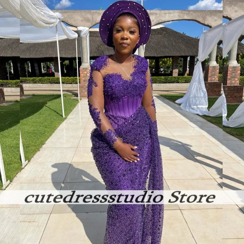 Dark Purple Beaded Applique Evening Dresses Customized Aso Ebi Sheer Collar Long Mermaid Wedding Party Dress Prom Gown For Women