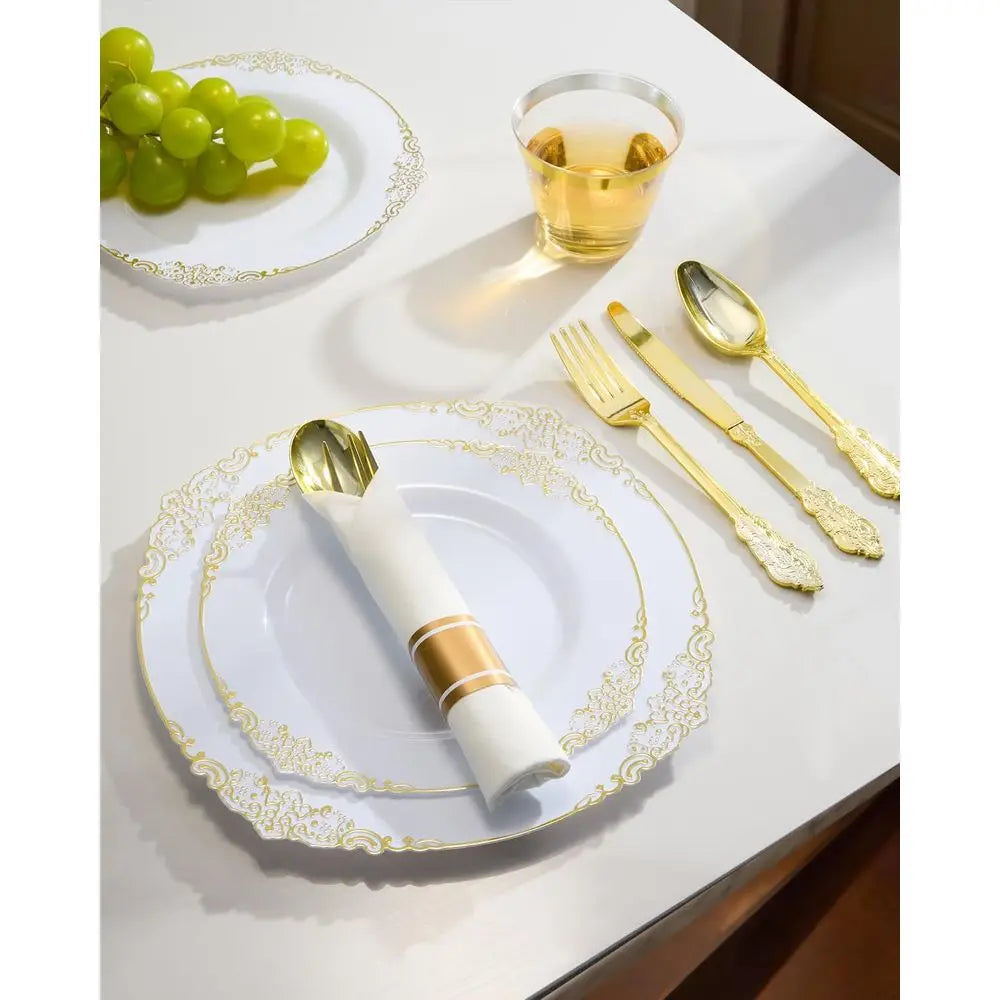 Elegant 350-Piece Gold Plastic Dinnerware Set: 100 Rimmed Plates, 150 Cutlery, 50 Napkins, 50 Cups for Parties & Weddings