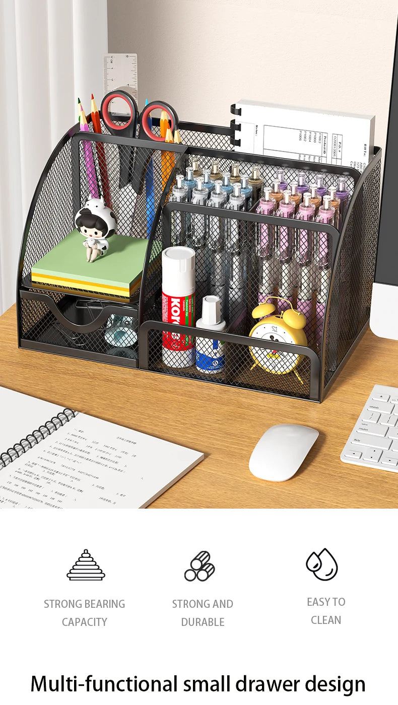 Mesh Desk Organizer Office with 7 Compartments with Drawer Desk Tidy Candy Pen Holder Multifunctional Organizer