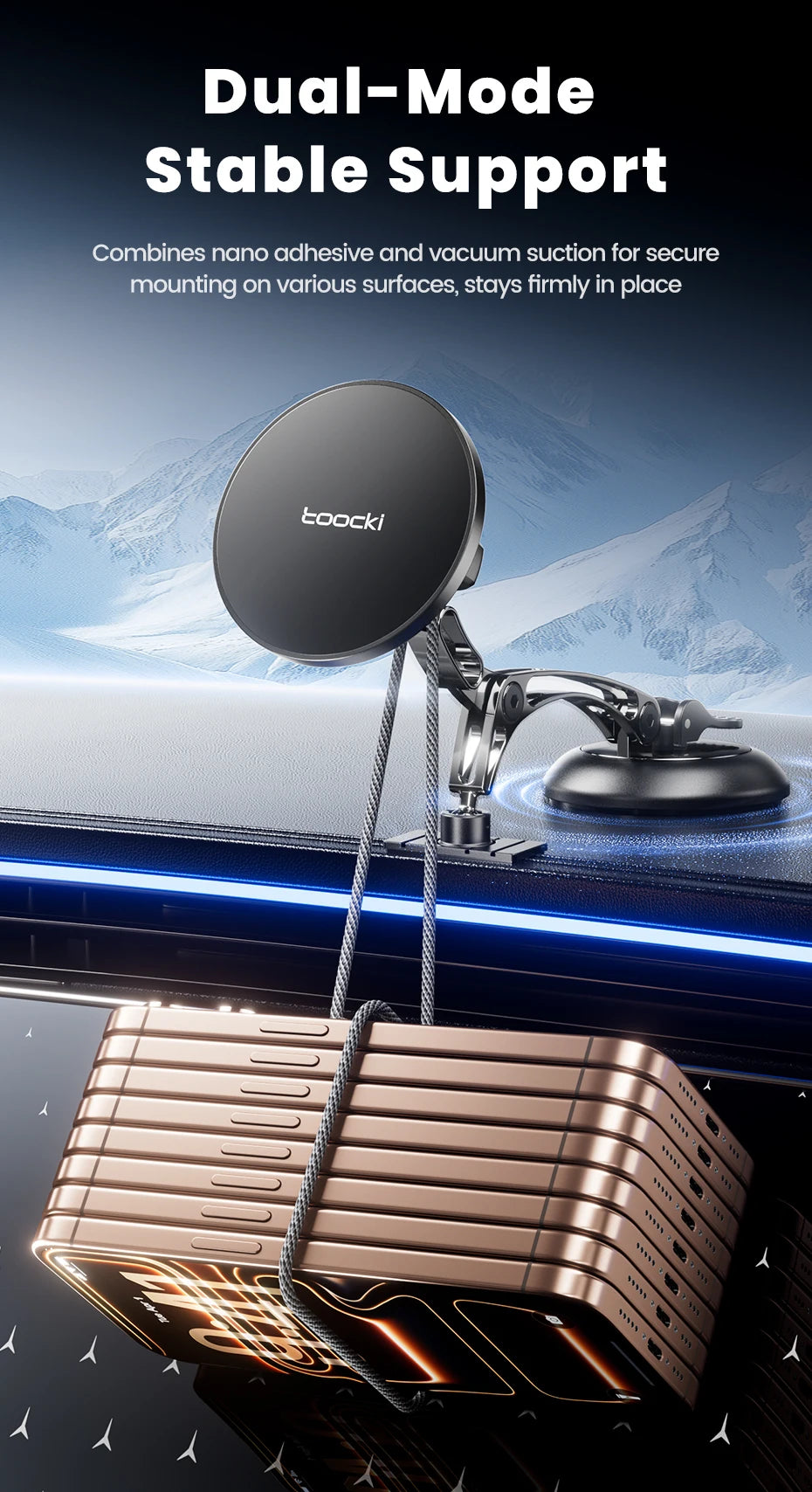 Toocki Magnetic Car Phone Holder 15W Wireless Charger Dual Pivot Mount Car Phone Stand for iPhone 17 16 15 Pro Max for Magsafe