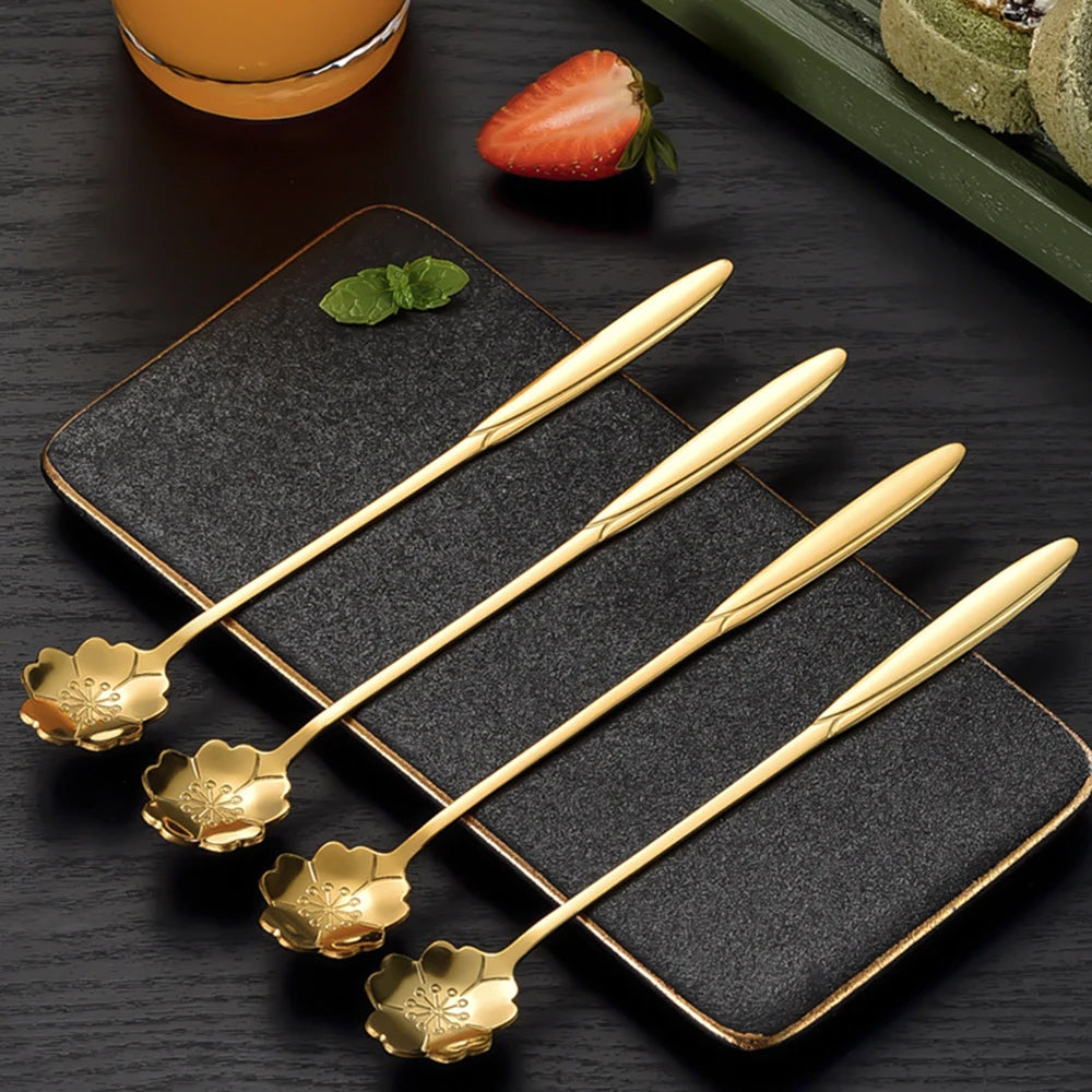 Flower Shape Coffee Spoon Gold Stainless Steel Dessert Spoon Ice Cream Scoop Tableware Kitchen Accessories