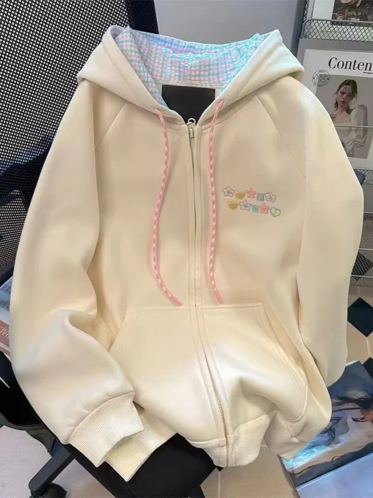 Sweet Cute Sweatshirt Jacket Loose Versatile Girly Style Kawaii Striped Zip Hood Autumn and Winter Embroidery Coat