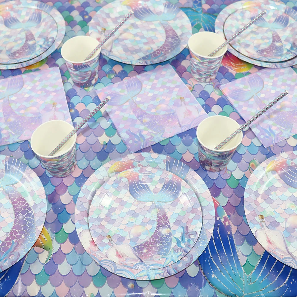 Mermaid Birthday Party Decoration Disposable Tableware Set Little Mermaid Tail Plates Girl Mermaid Party Supplies Wedding Decor