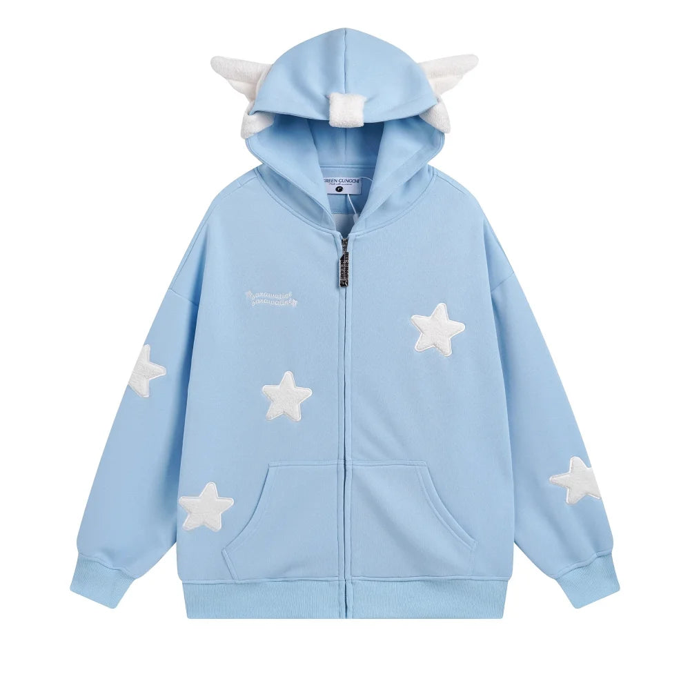 Japanese Kawaii Wing Hooded Loose Sweatshirt Women Autumn Long Sleeves Zipper Star Cardigan Oversized Coat Y2K Sweet Cute