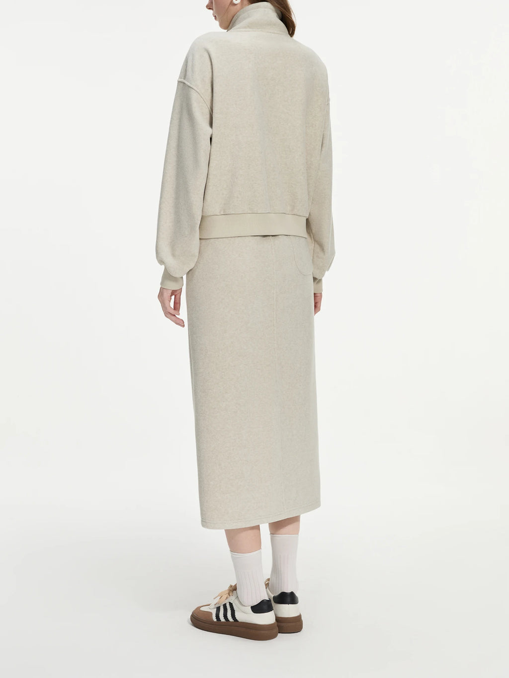 FSLE Women Sweatshirt Set Winter Thick Grey Commuter Sweatshirts Elastic Waist Long Spilt A-Line Women Skirt 24FS14491+24FS14492