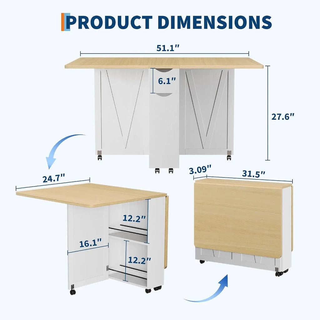 Folding Dining Table with Storage &amp; 6 Wheels
