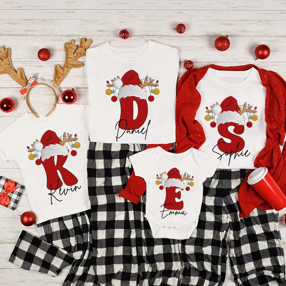 Personalized Christmas Family Matching Outfit Letter with Name T-shirt