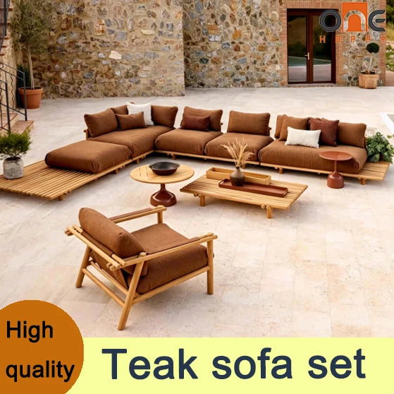 Weather Luxury Teak Frame PE Rattan Waterproof Sofa Set