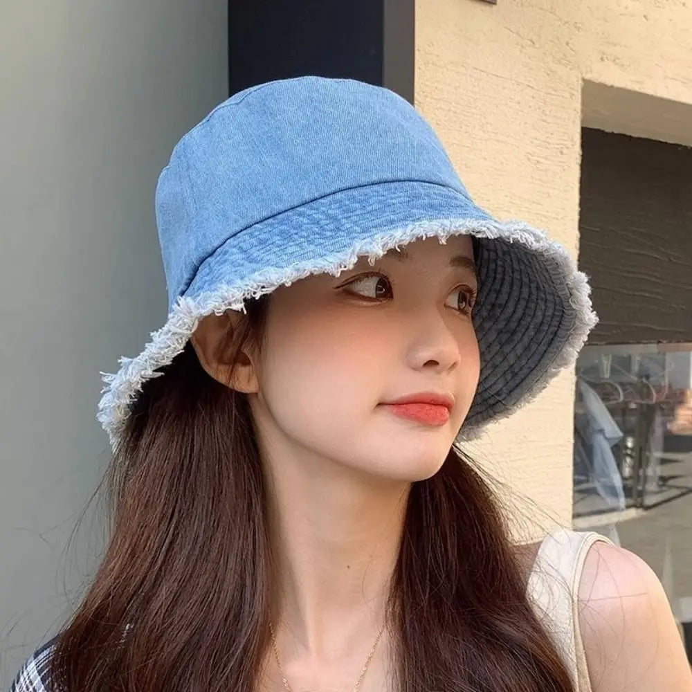Y2K Style Denim Summer Sun Hat Foldable Anti-UV Bucket Hat Travel