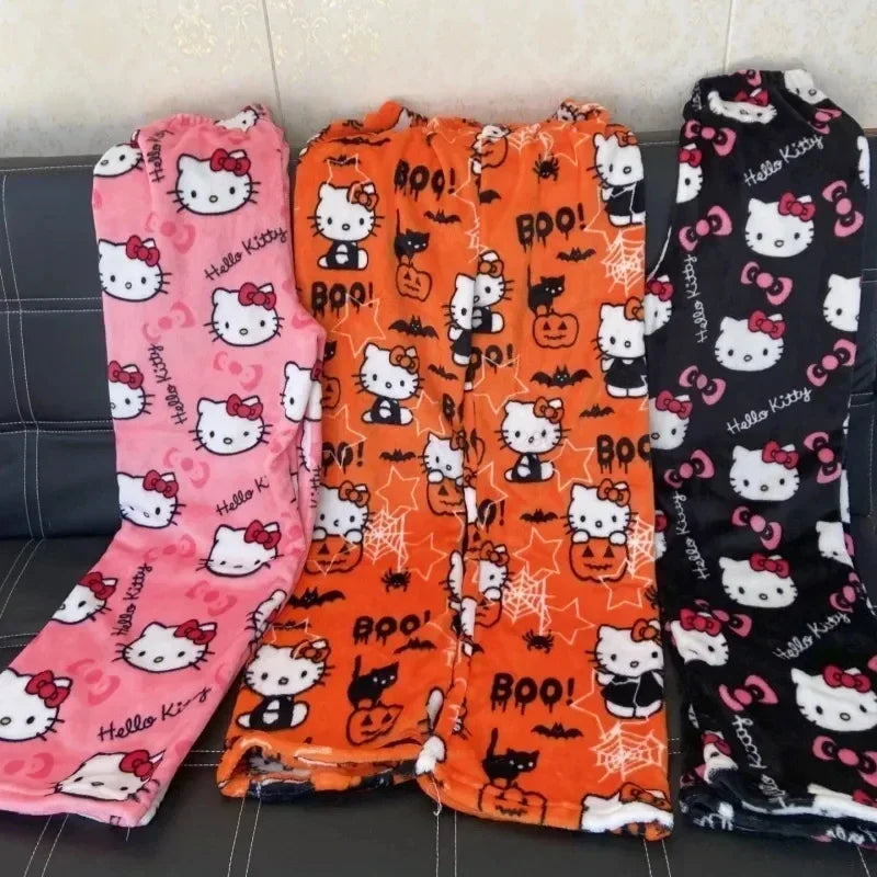 Hello Kitty Pajamas Halloween Flannel Fashion Trouserswomen Kawaii Woolen Anime Cartoon Casual Home Pants Autumn