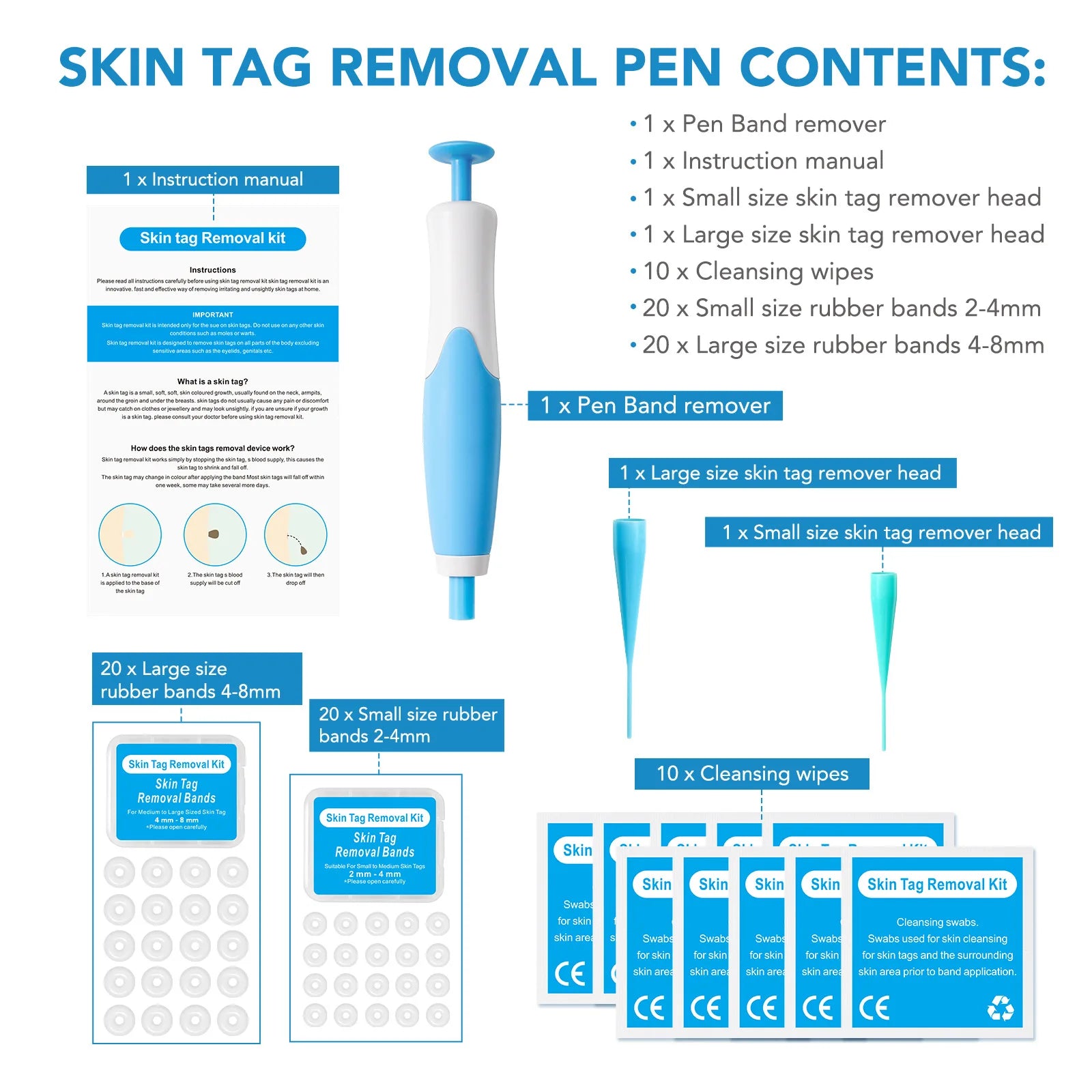 Auto Skin Tag Removal Kit For Small to Large Skin Tags 2-8mm With Cleansing Swabs and 2 Size Bands Easy To Use Skin Care Tool