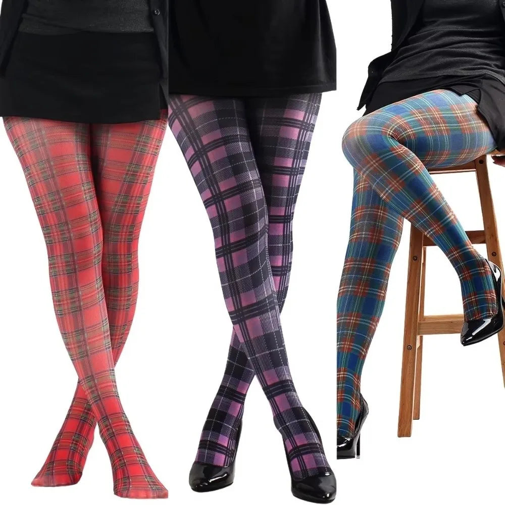 Fashion Classic Tartan Women's Pantyhose Red Purple Blue Semi-Opaque High Pantyhose Scottish Check Pattern Printed Tights