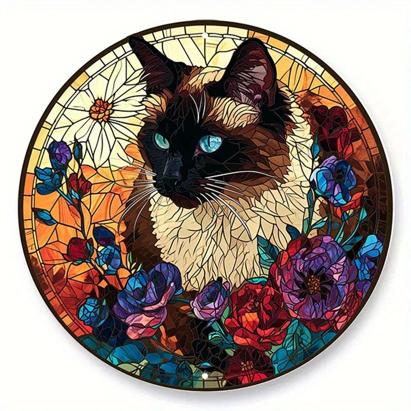 Cute Black Cat Gift Theme Round Metal Aluminum Sign Art Desktop Decorative Plates for Bar Cafe Club Yard Home Office Wall Decor
