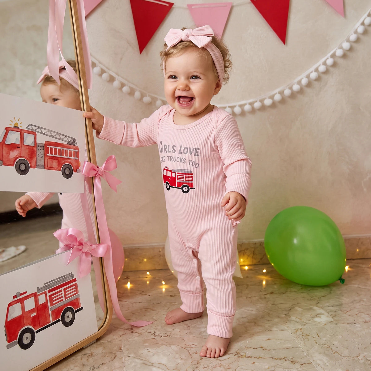 Baby Girl Fall Romper Letter Fire Fighting Truck Print