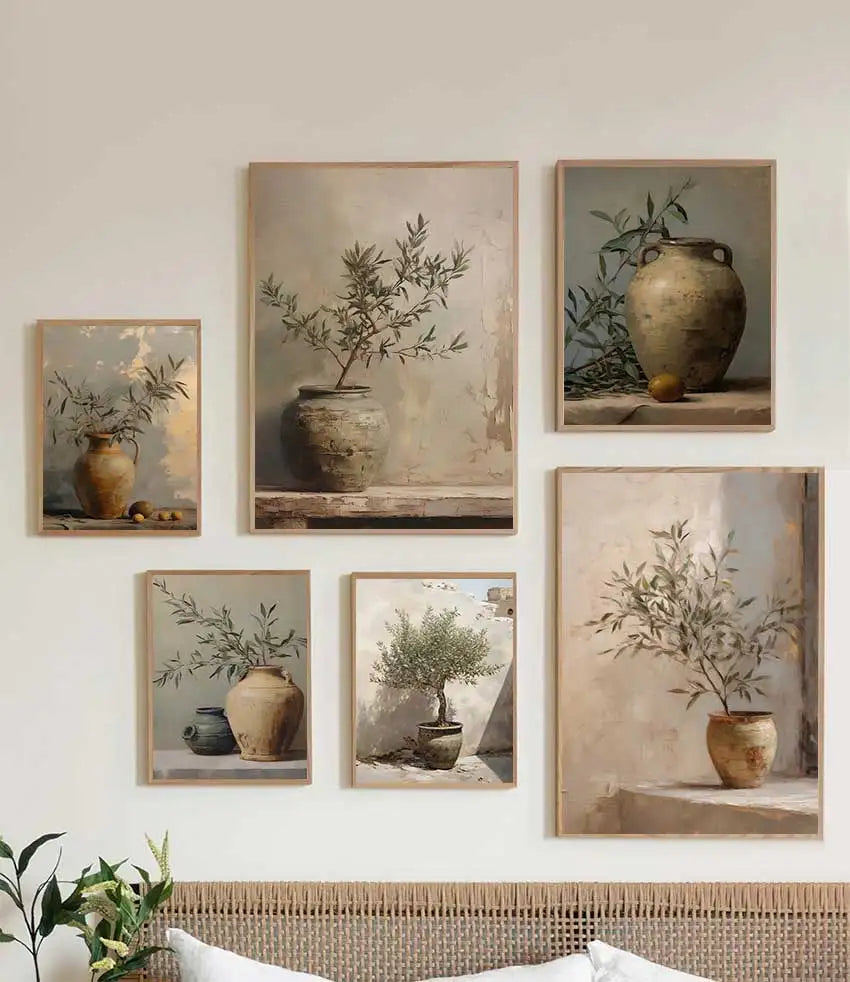 Vintage Minimalist Wall Art Italy Olive Tree in Vase Canvas Painting Poster Prints Still Life Botanical Antique Home Room Decor