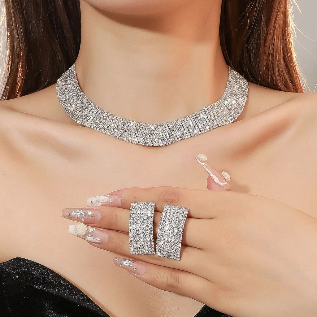 3pcs Women's Jewelry Set Rhinestone Earrings Necklace New Wedding Party Luxury Fashion Accessories-4068
