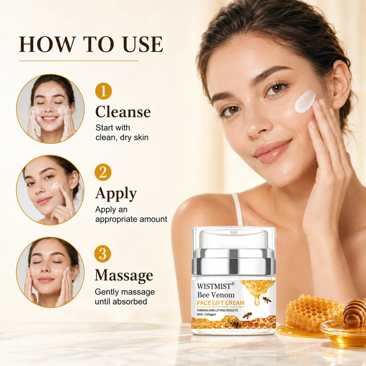 WISTMIST Bee Venom Face Cream, Firming & Lifting Facial Moisturizer with Collagen, Hydrating Anti Aging Skin Care Cream for Fine Lines, Wrinkles & Elasticity, Nourishing Day Night Face Moisturizer for Women Men, 50g
