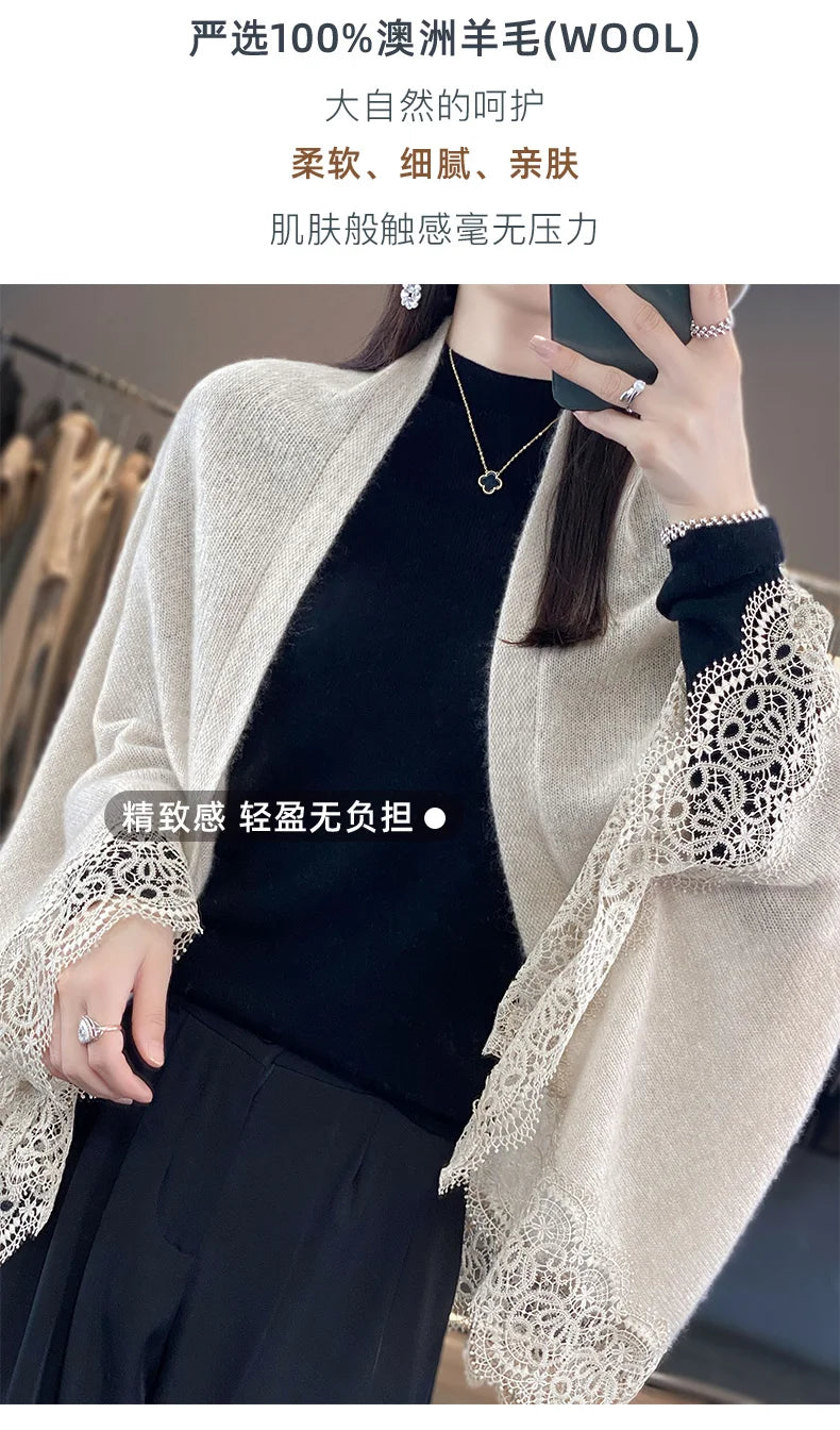 Popular Lace Edge 100% Wool Knitted Shawl Spring Autumn Thin Women's Soft, Skin friendly, Breathable, and Fashionable Cardigan